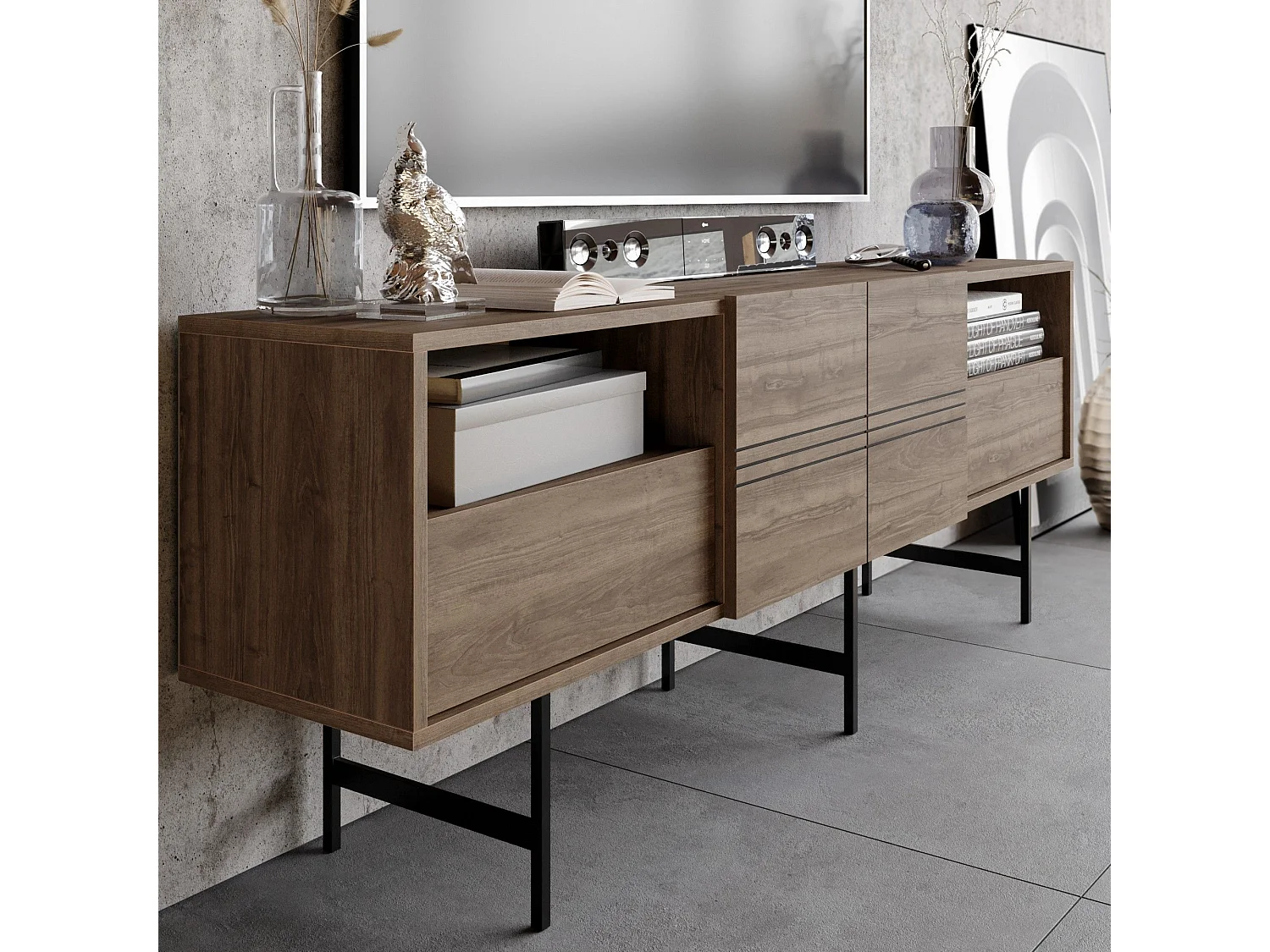 Mueble de TV moderno – 180 cm – nogal y negro – tablero de partículas revestido de melamina