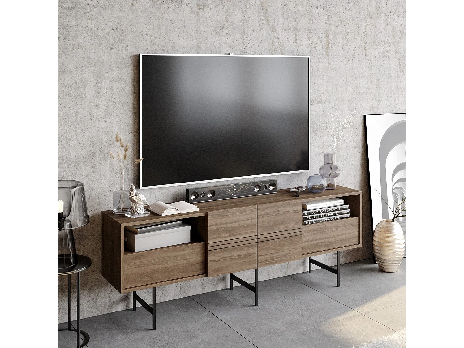 Moderner TV-Ständer – 180 cm – Walnuss und Schwarz – melaminbeschichtete Spanplatte