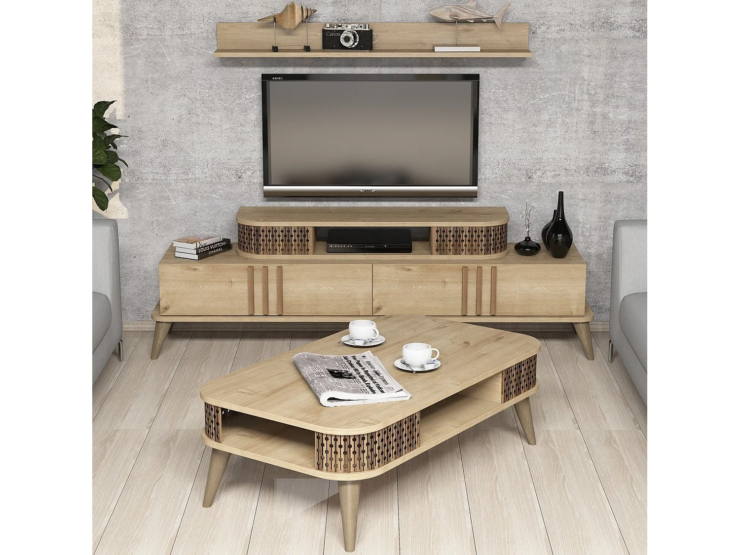 Conjunto de salón Kailua 385, Roble, Con mesa de TV|Partes separadas, Aglomerado laminado