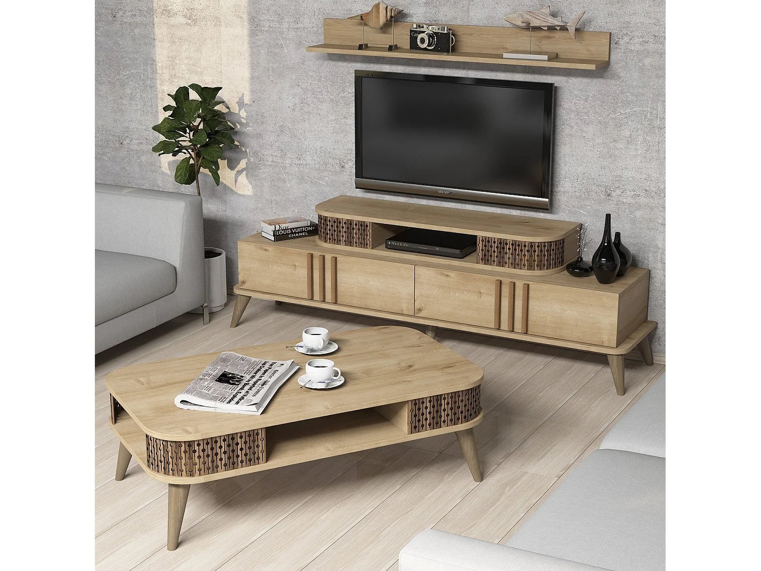 Conjunto de salón Kailua 385, Roble, Con mesa de TV|Partes separadas, Aglomerado laminado