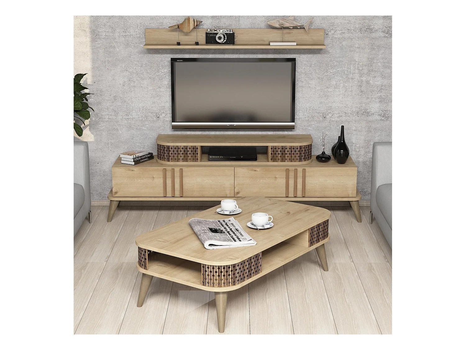 Conjunto de salón Kailua 385, Roble, Con mesa de TV|Partes separadas, Aglomerado laminado