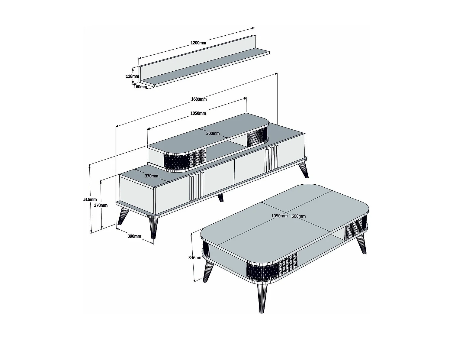 Ensemble meuble TV, table basse et étagère Chanez Marron et Chêne