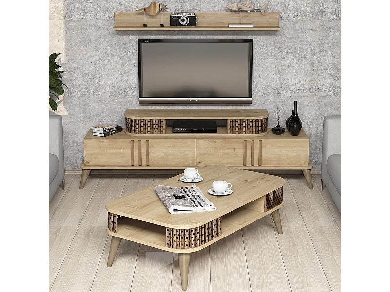 Ensemble meuble TV, table basse et étagère Chanez Marron et Chêne