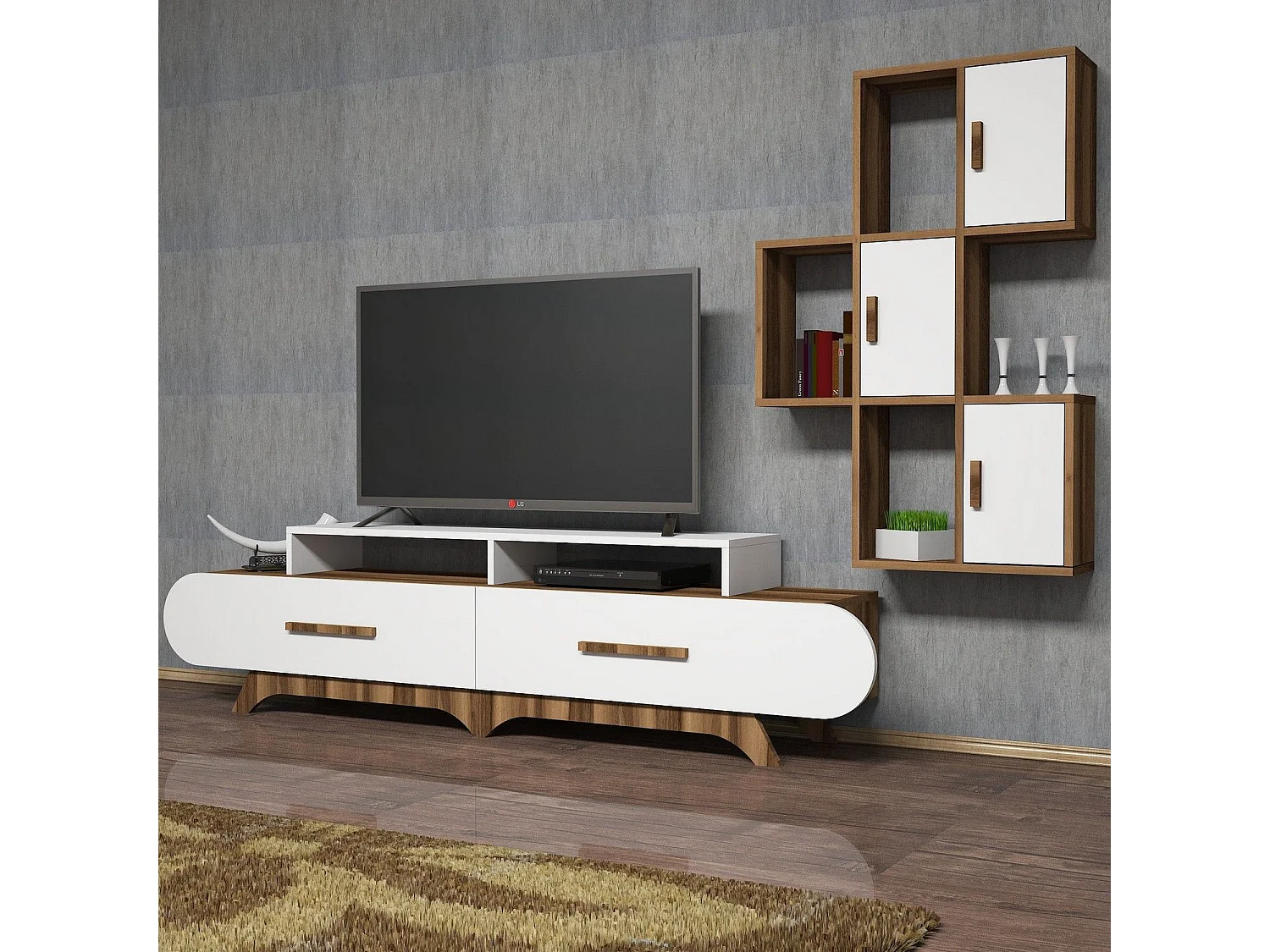 Mueble de TV moderno – 205 cm – nogal y blanco – tablero de partículas revestido de melamina
