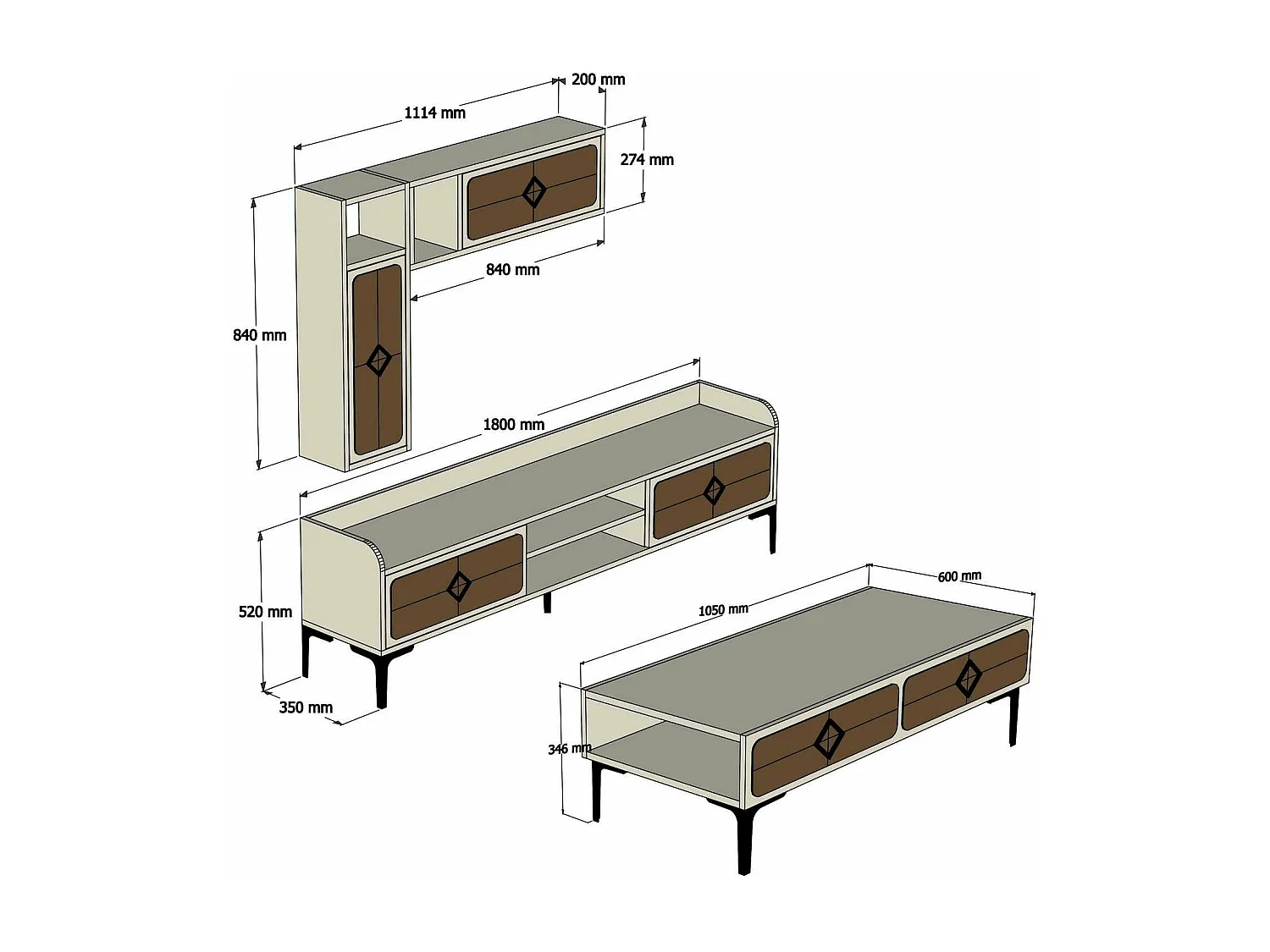 Conjunto de Mobiliário para Sala de Estar Samba - Estilo e Conforto em Noz e Creme