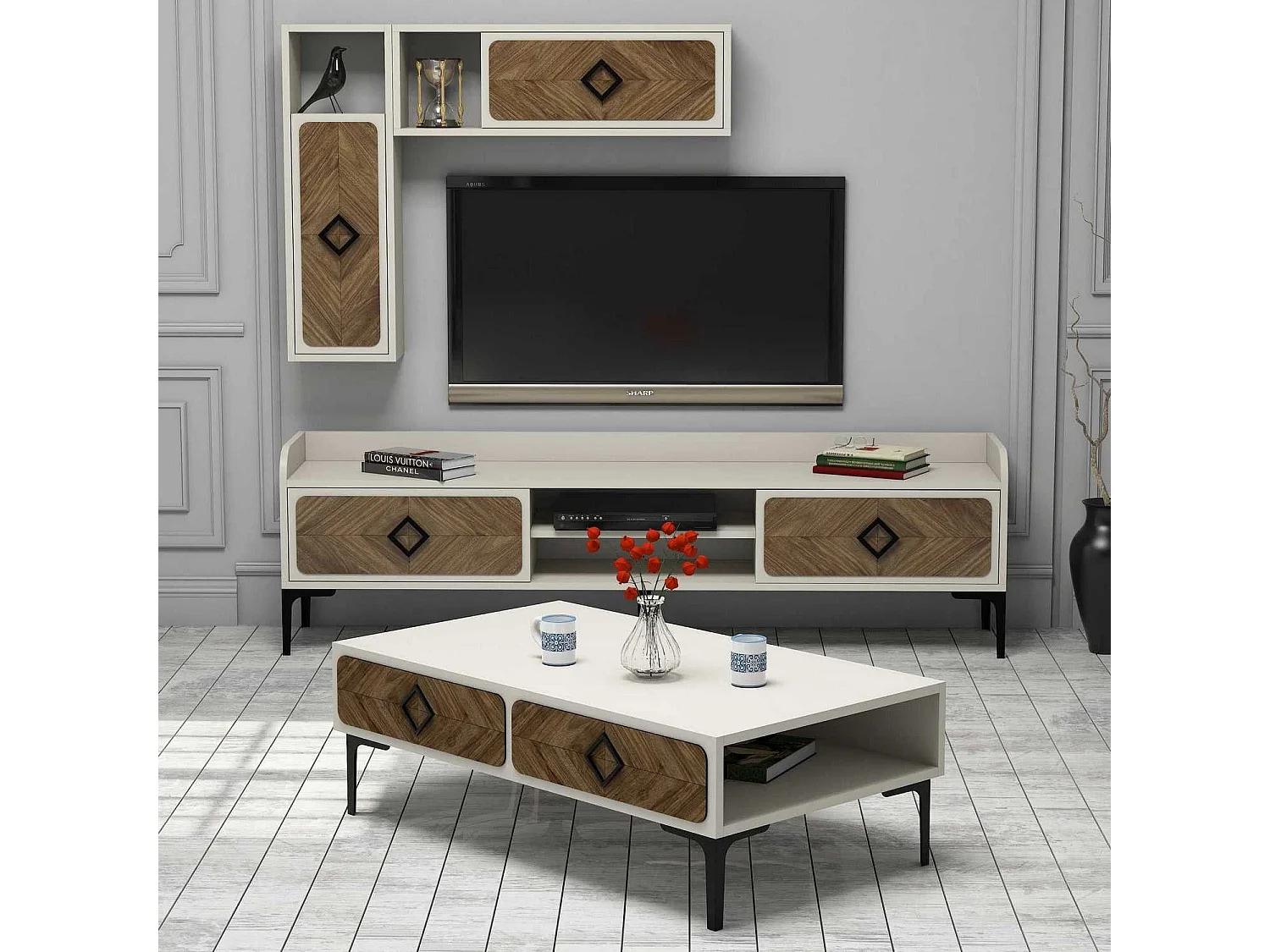 Ensemble de Meubles de Salon lebon 3 meubles Bois foncé et Crème