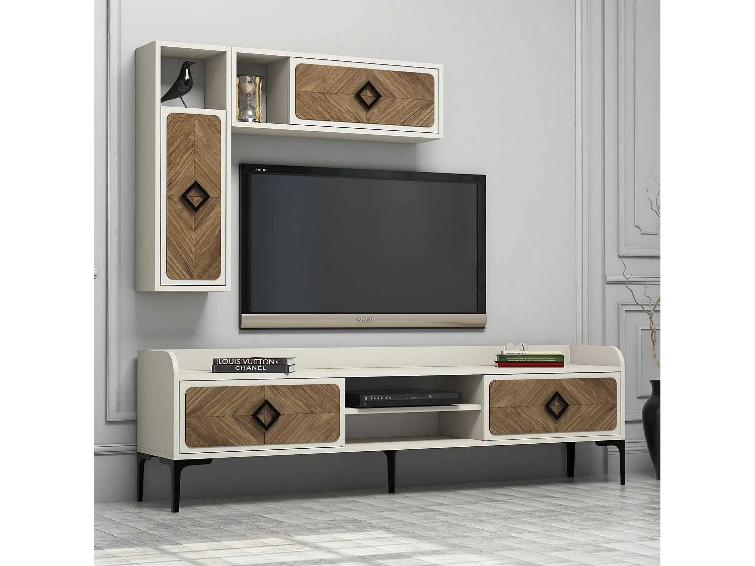 Ensemble de Meubles de Salon lebon 3 meubles Bois foncé et Crème