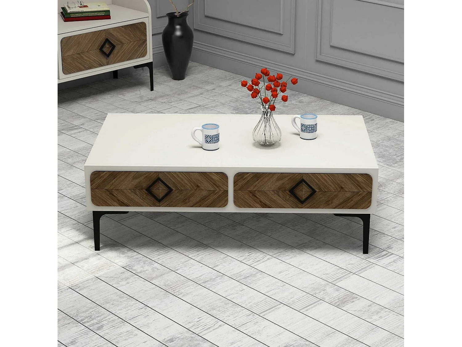 Ensemble de Meubles de Salon lebon 3 meubles Bois foncé et Crème