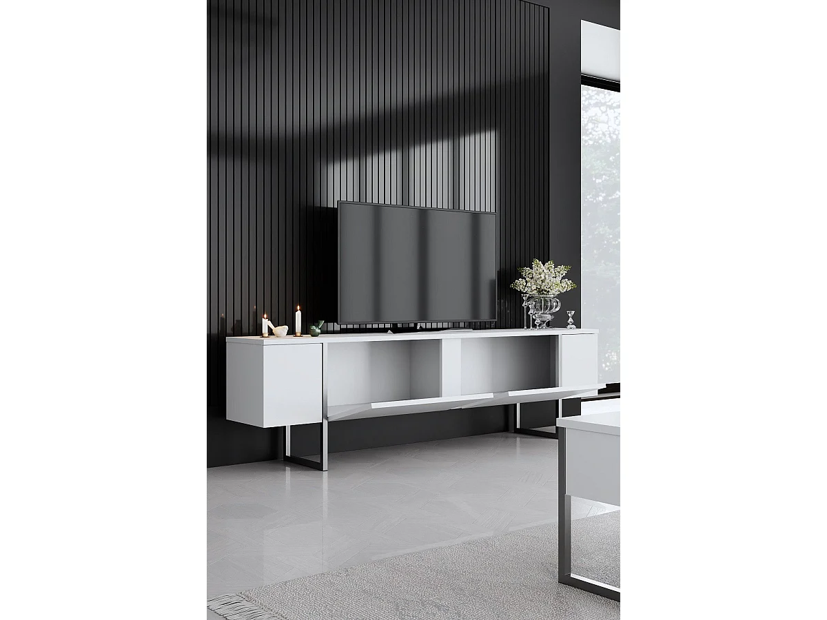 Mueble de TV – 180 cm de ancho, 30 cm de fondo, 50 cm de alto – Blanco y plata – Tablero de partículas recubierto de melamina