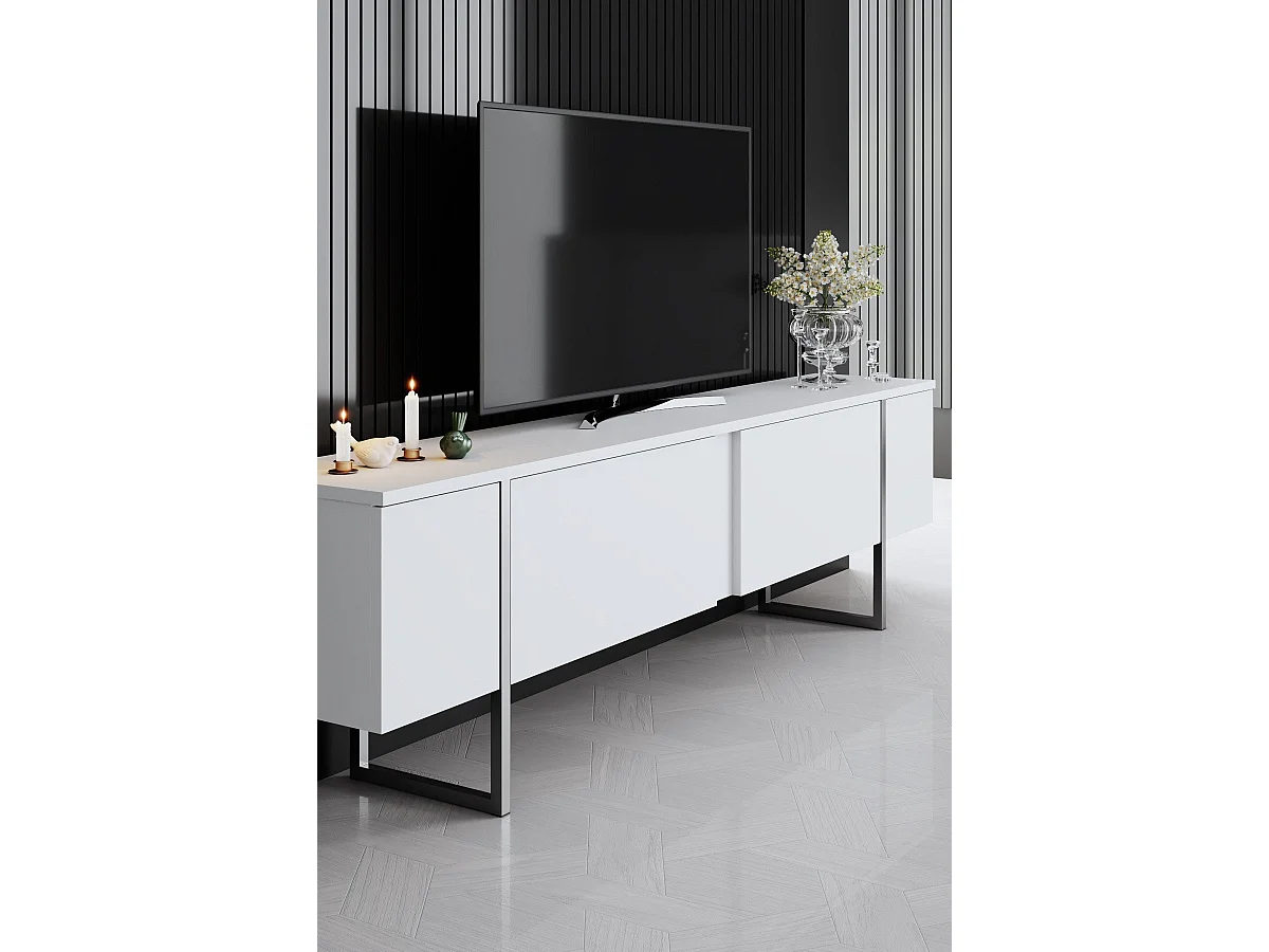 Mueble de TV – 180 cm de ancho, 30 cm de fondo, 50 cm de alto – Blanco y plata – Tablero de partículas recubierto de melamina