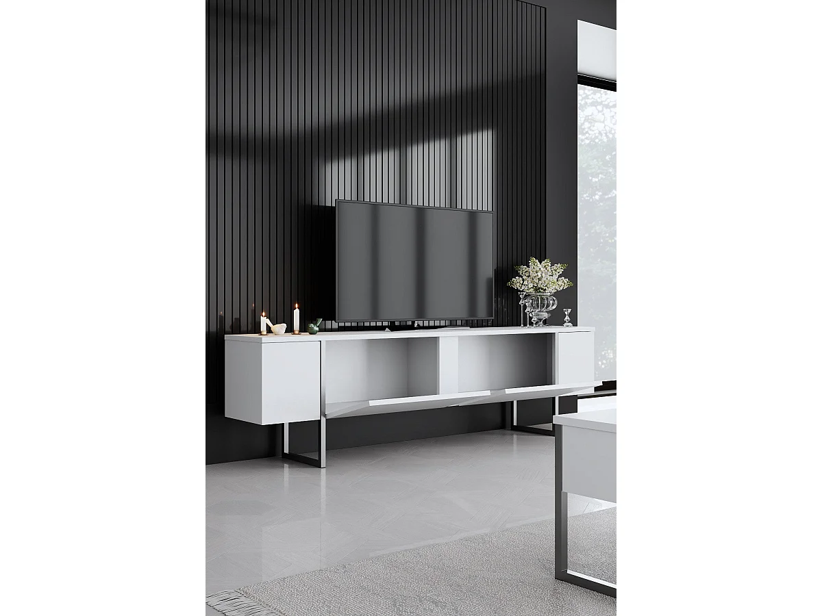 Mueble de TV – 180 cm de ancho, 30 cm de fondo, 50 cm de alto – Blanco y plata – Tablero de partículas recubierto de melamina