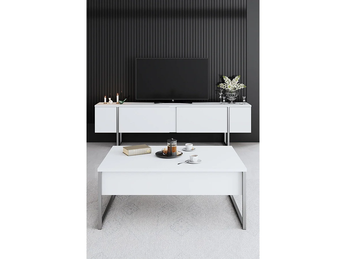 TV-Ständer – 180 cm breit, 30 cm tief, 50 cm hoch – Weiß und Silber – Melaminbeschichtete Spanplatte