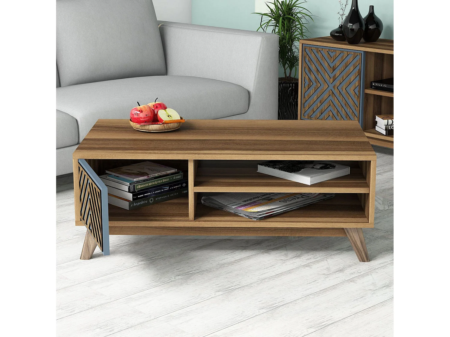 Conjunto de Mobiliário Chevron em Nogueira e Azul para Sala de Estar