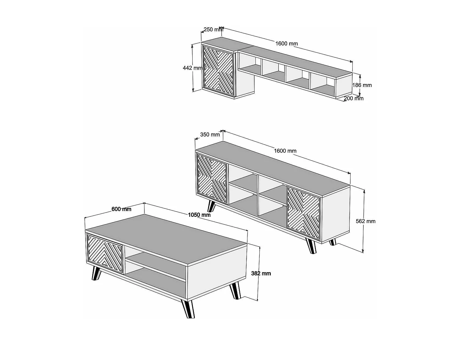 Conjunto de Mobiliário Chevron em Nogueira e Azul para Sala de Estar