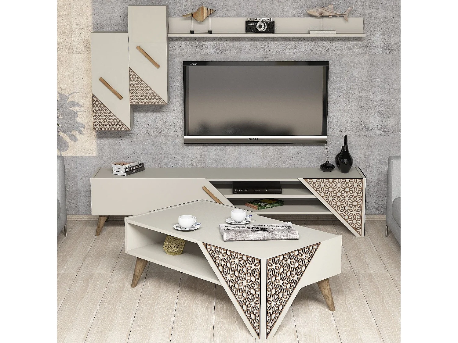 Conjunto de Mobiliário Beril - Elegância Moderna em Creme