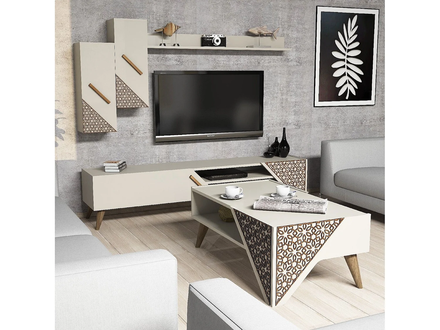 Conjunto de Mobiliário Beril - Elegância Moderna em Creme
