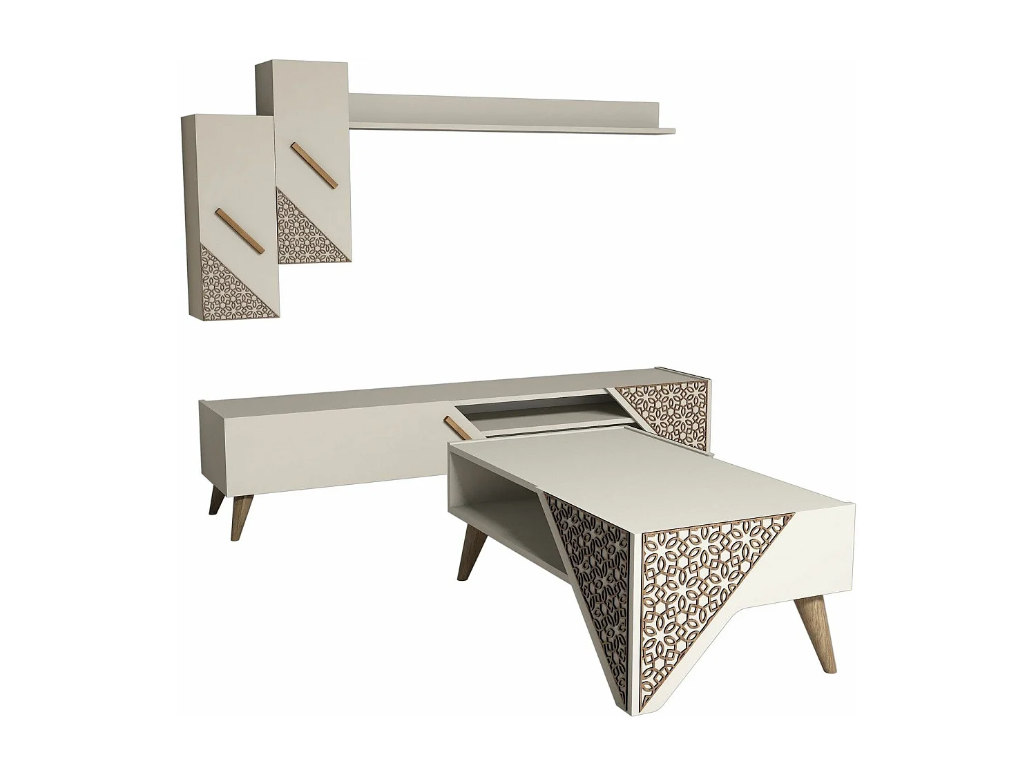 Ensemble meuble TV, étagère et table basse Forces Motif Arabesque Blanc crème