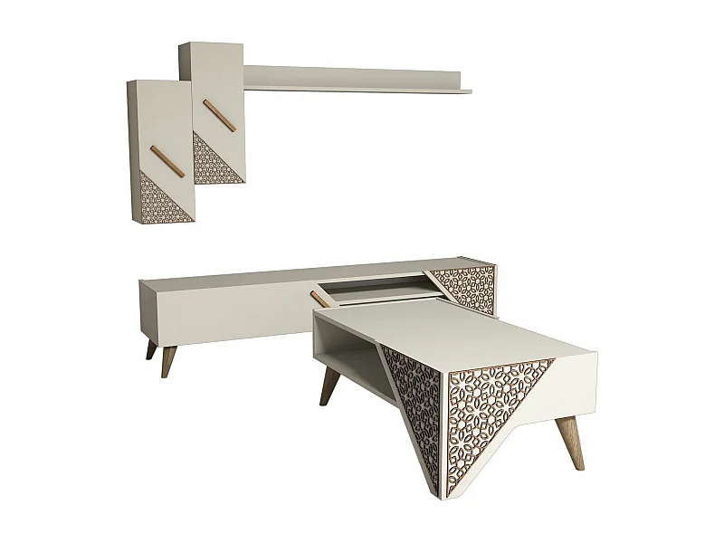 Ensemble meuble TV, étagère et table basse Forces Motif Arabesque Blanc crème