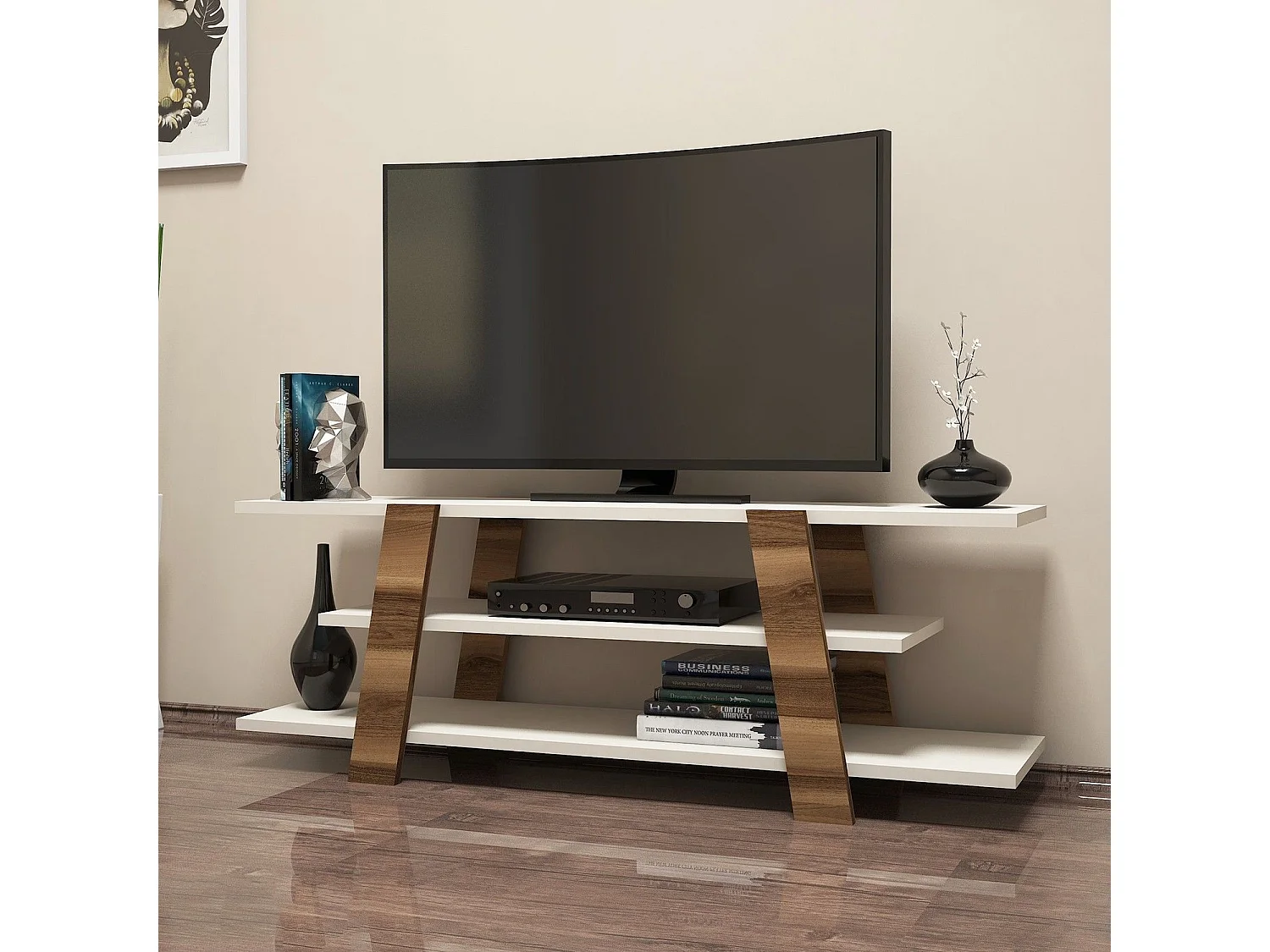 Mueble de TV moderno – 120 x 42 x 33,6 cm – Nogal y Crema – Tablero de partículas recubierto de melamina