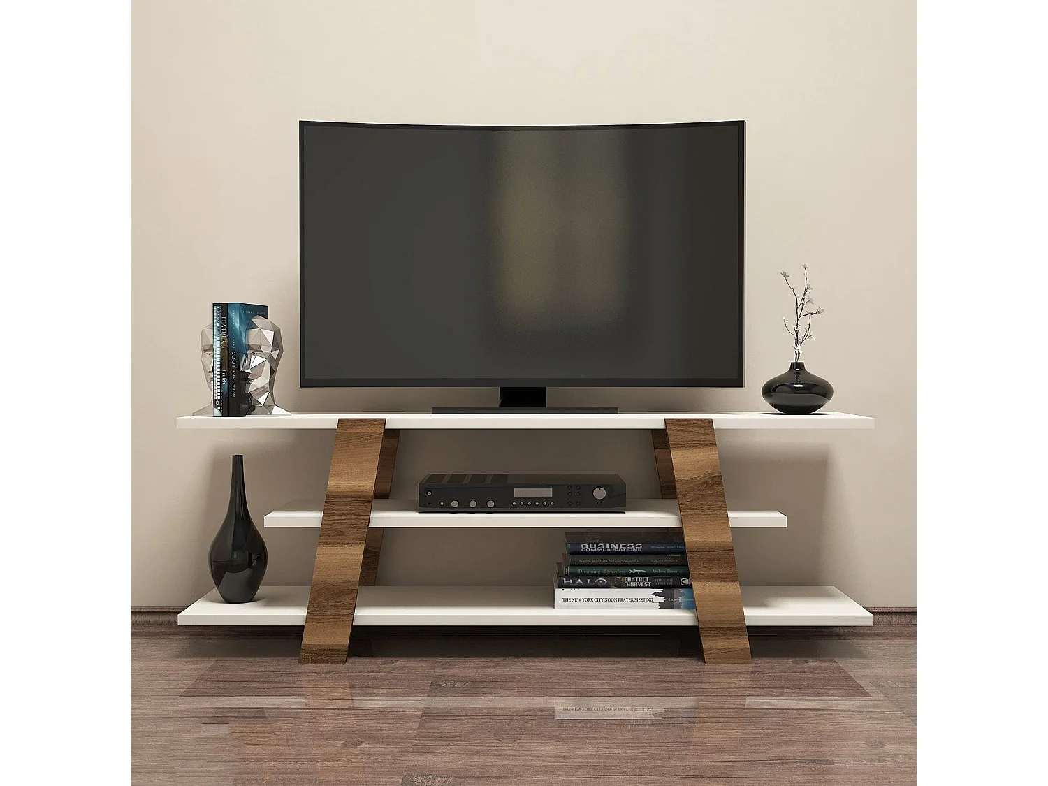 Moderner TV-Ständer – 120 x 42 x 33,6 cm – Walnuss und Creme – Melaminbeschichtete Spanplatte