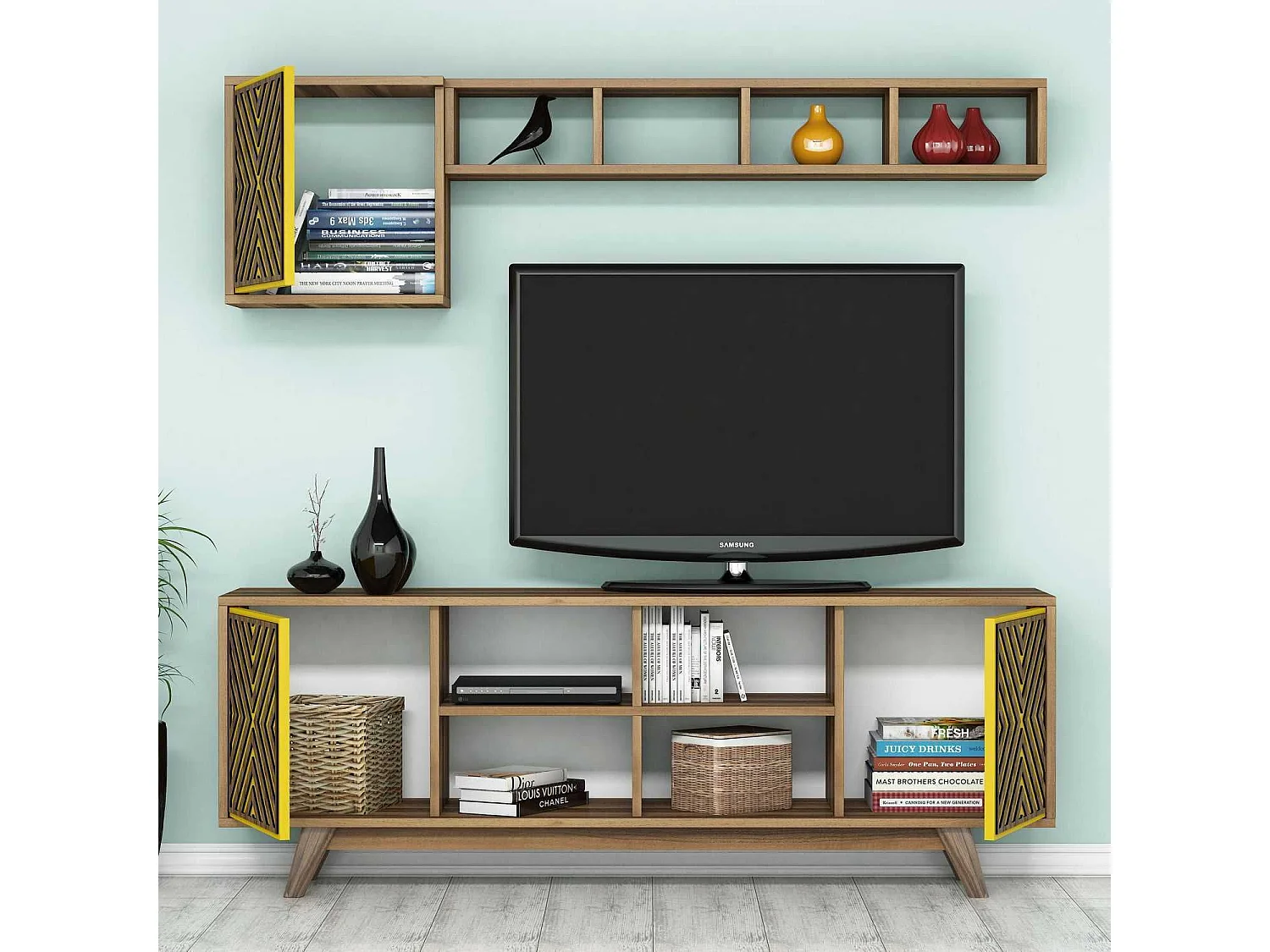 Mueble de TV – 160 cm – Nogal y Amarillo – Melamina