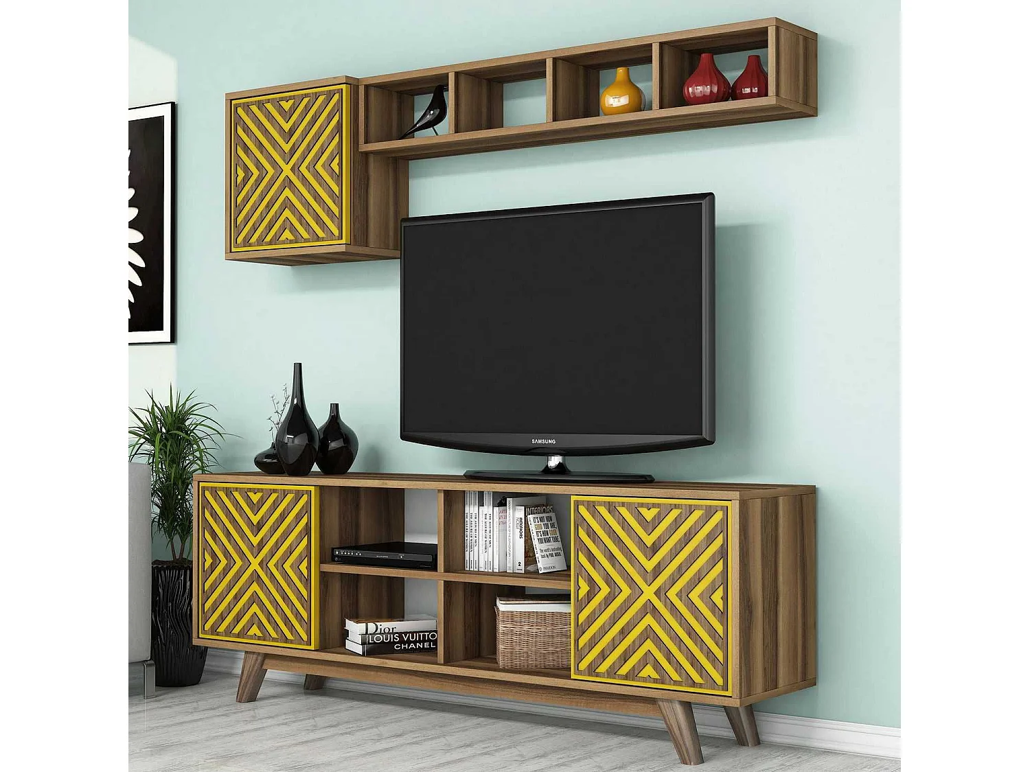 Mueble de TV – 160 cm – Nogal y Amarillo – Melamina