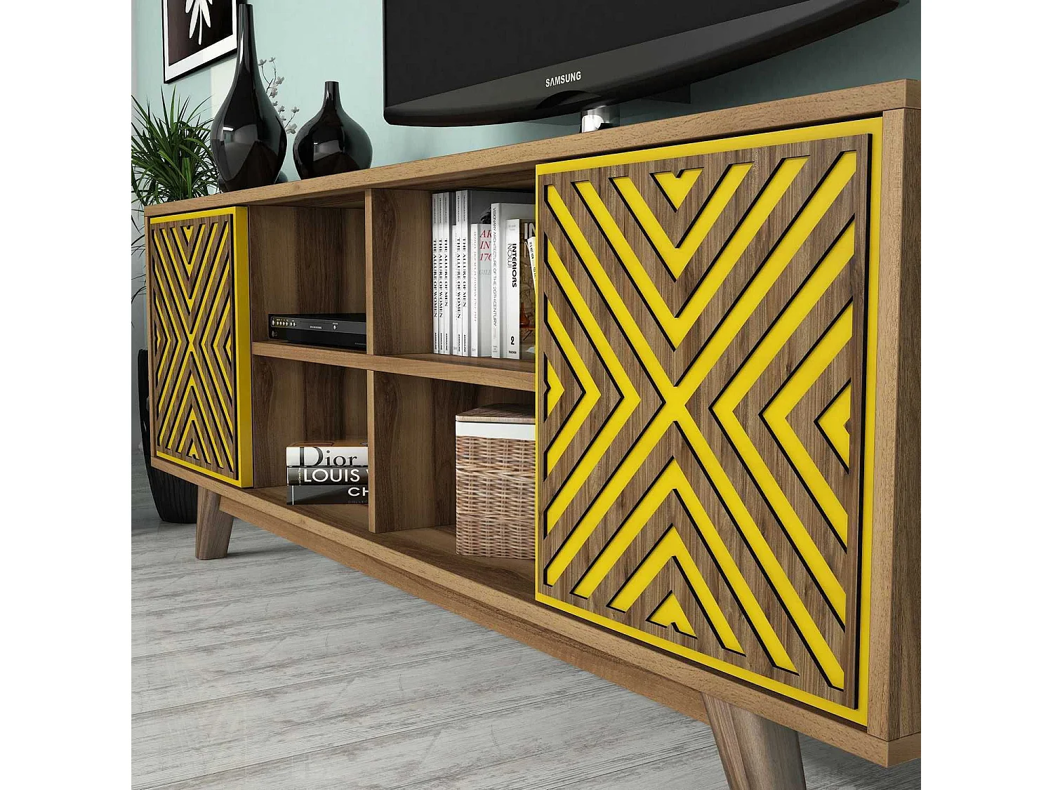 Mueble de TV – 160 cm – Nogal y Amarillo – Melamina