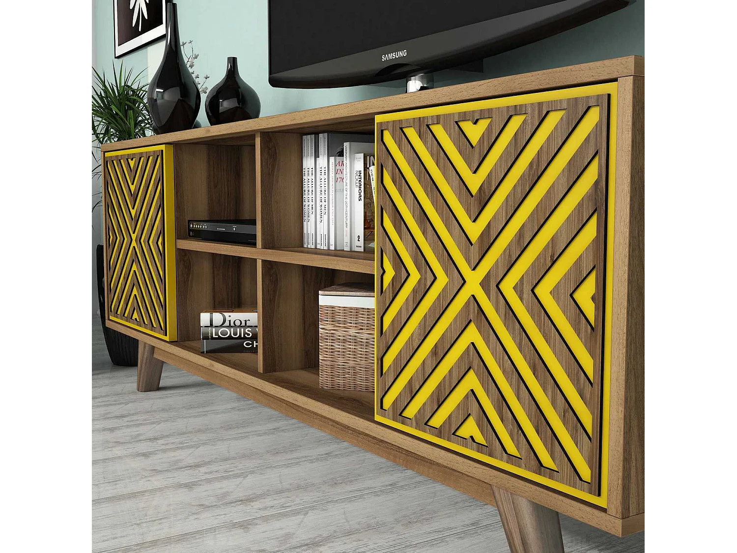 Mueble de TV – 160 cm – Nogal y Amarillo – Melamina