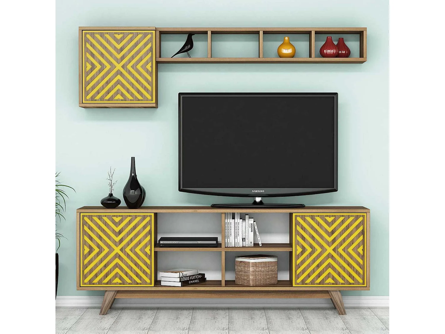 Mueble de TV – 160 cm – Nogal y Amarillo – Melamina