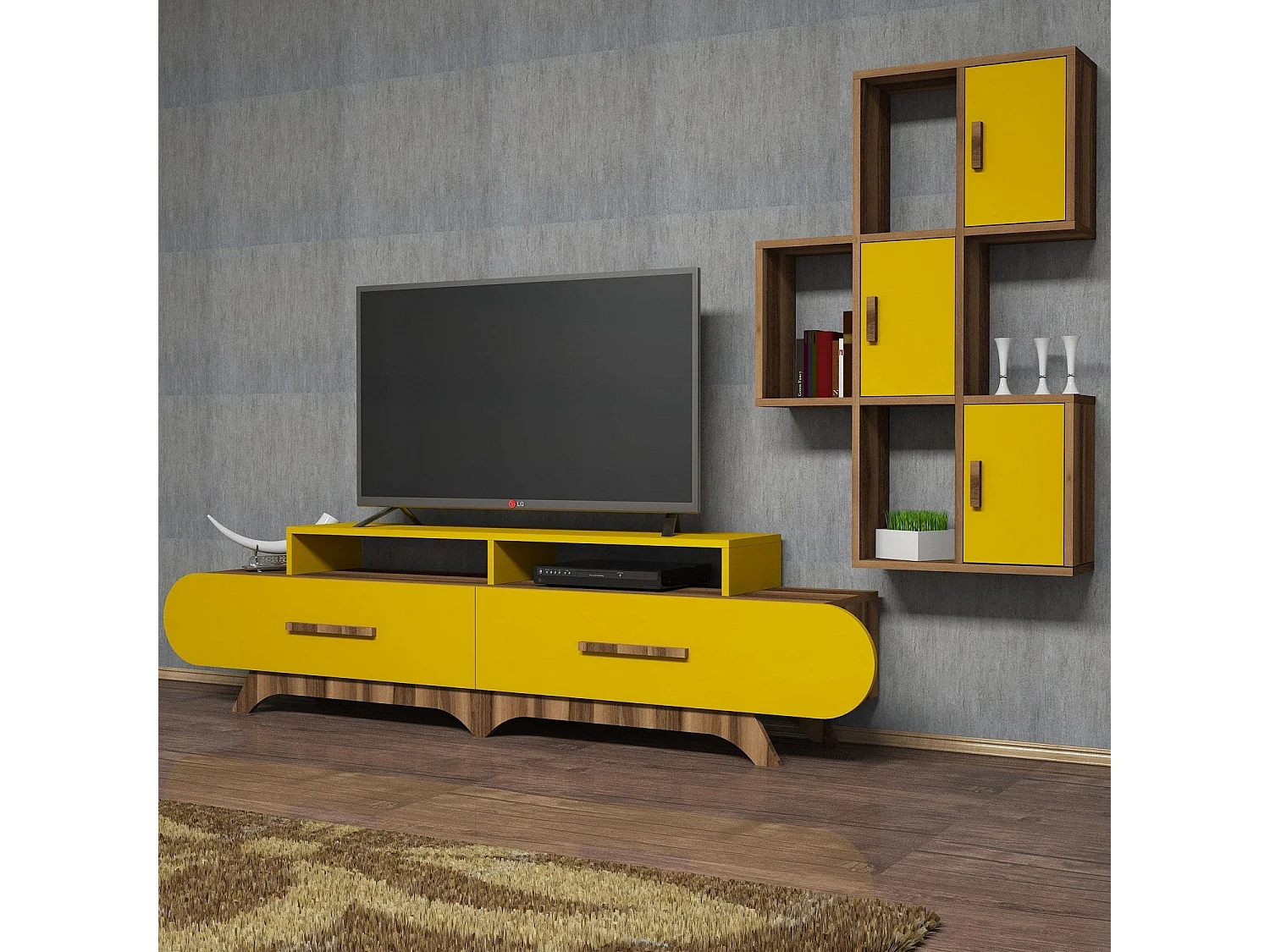 Mueble de TV – 205 x 50 x 36,8 cm – amarillo y nogal – melamina