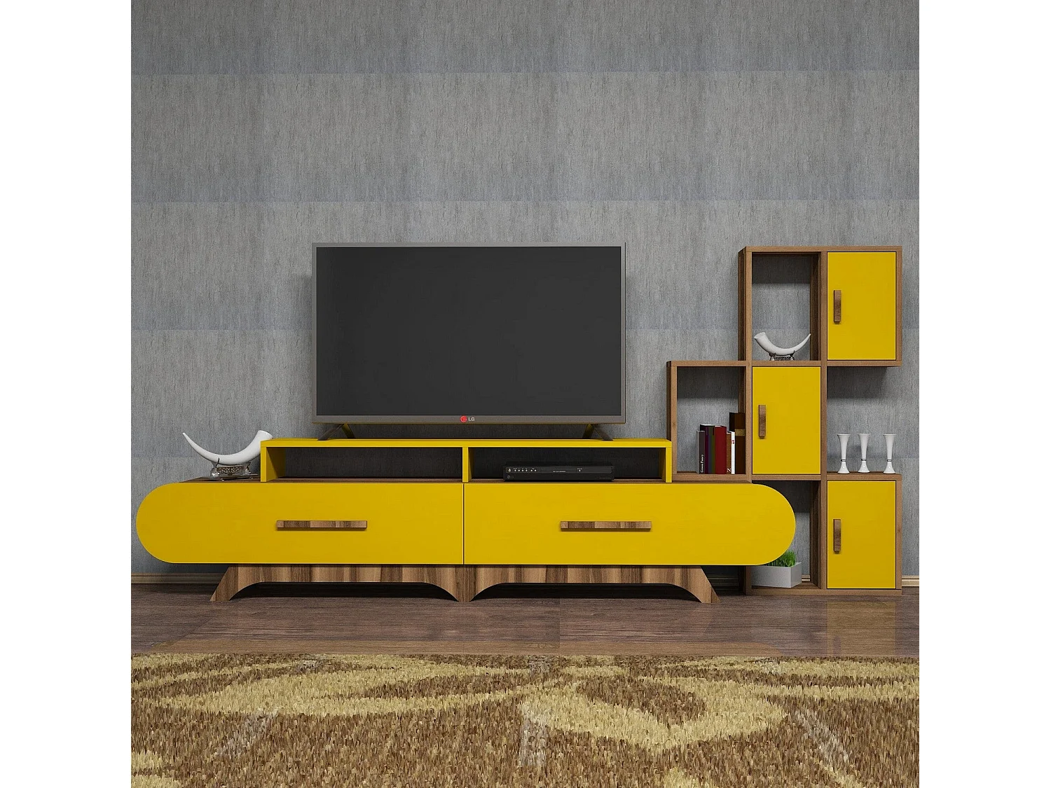 TV-Ständer – 205 x 50 x 36,8 cm – Gelb und Walnuss – Melamin