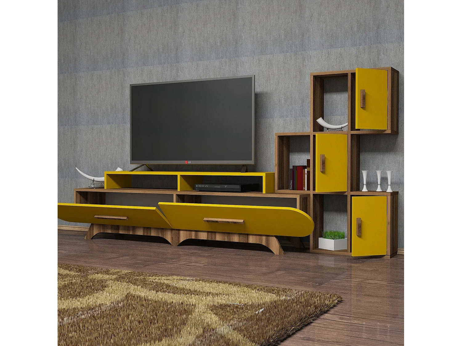 TV-Ständer – 205 x 50 x 36,8 cm – Gelb und Walnuss – Melamin