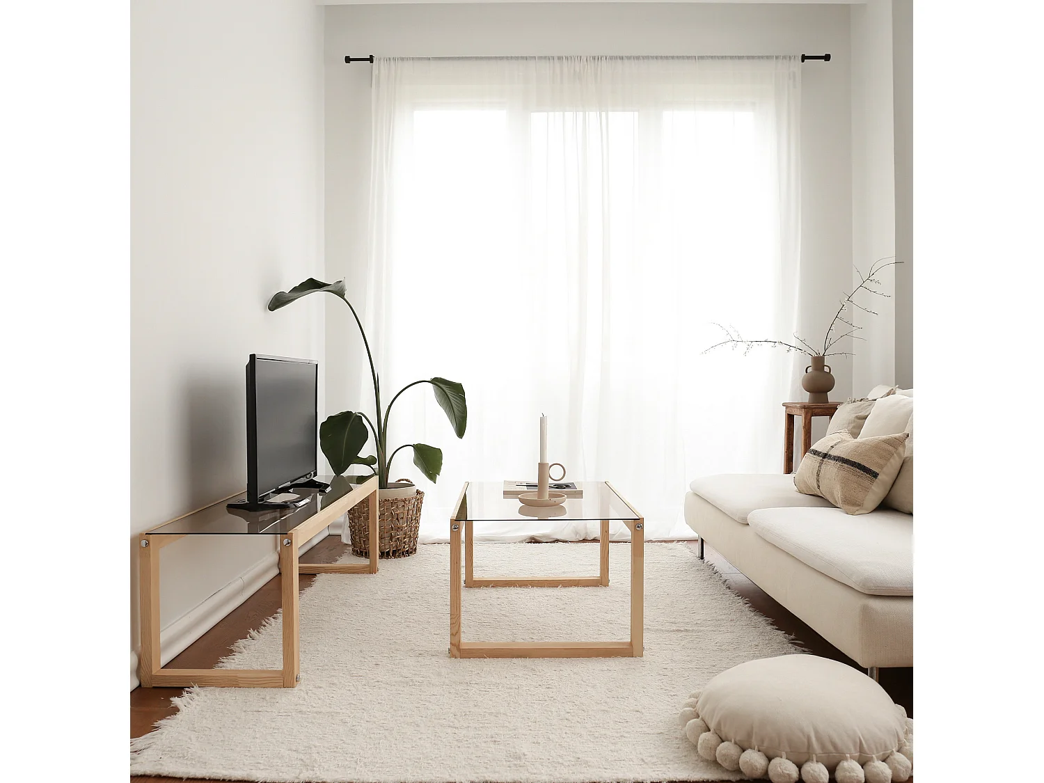 Mueble de TV moderno, 130 cm, 100% madera maciza de pino y cristal templado, 6 mm de grosor | Montaje en pared, diseño rústico escandinavo, acabado natural