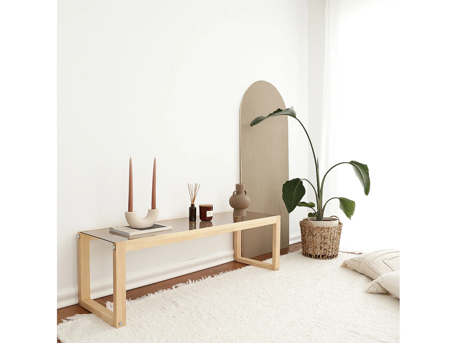 Mueble de TV moderno, 130 cm, 100% madera maciza de pino y cristal templado, 6 mm de grosor | Montaje en pared, diseño rústico escandinavo, acabado natural