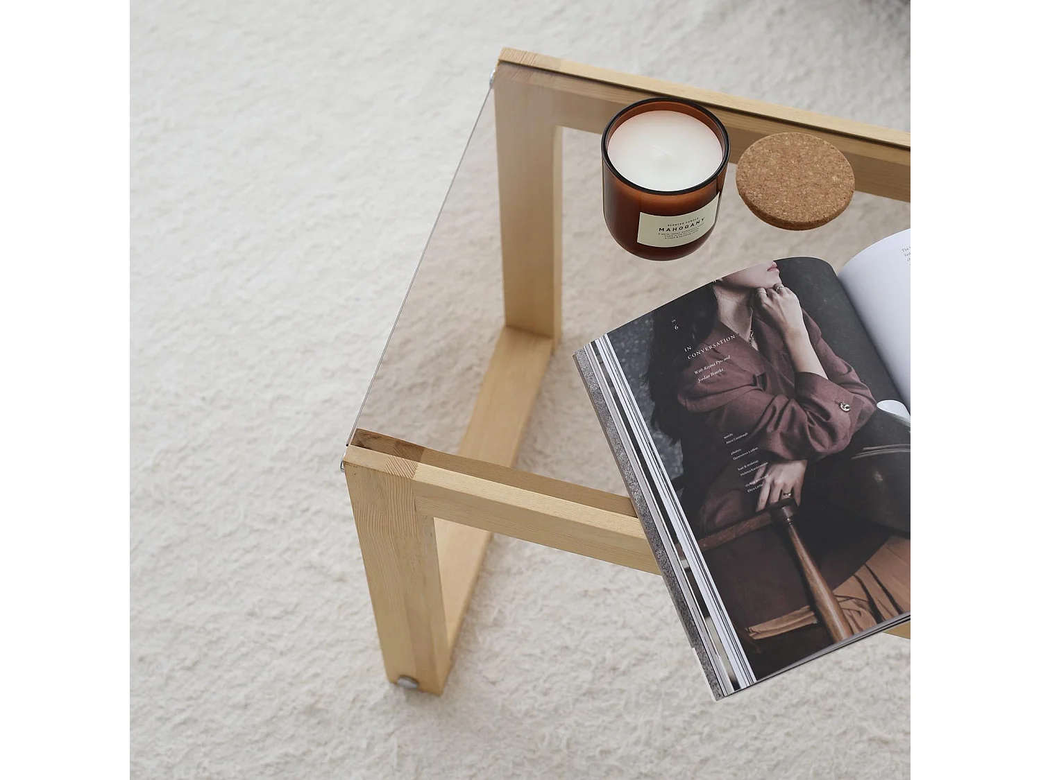 Mueble de TV moderno, 130 cm, 100% madera maciza de pino y cristal templado, 6 mm de grosor | Montaje en pared, diseño rústico escandinavo, acabado natural