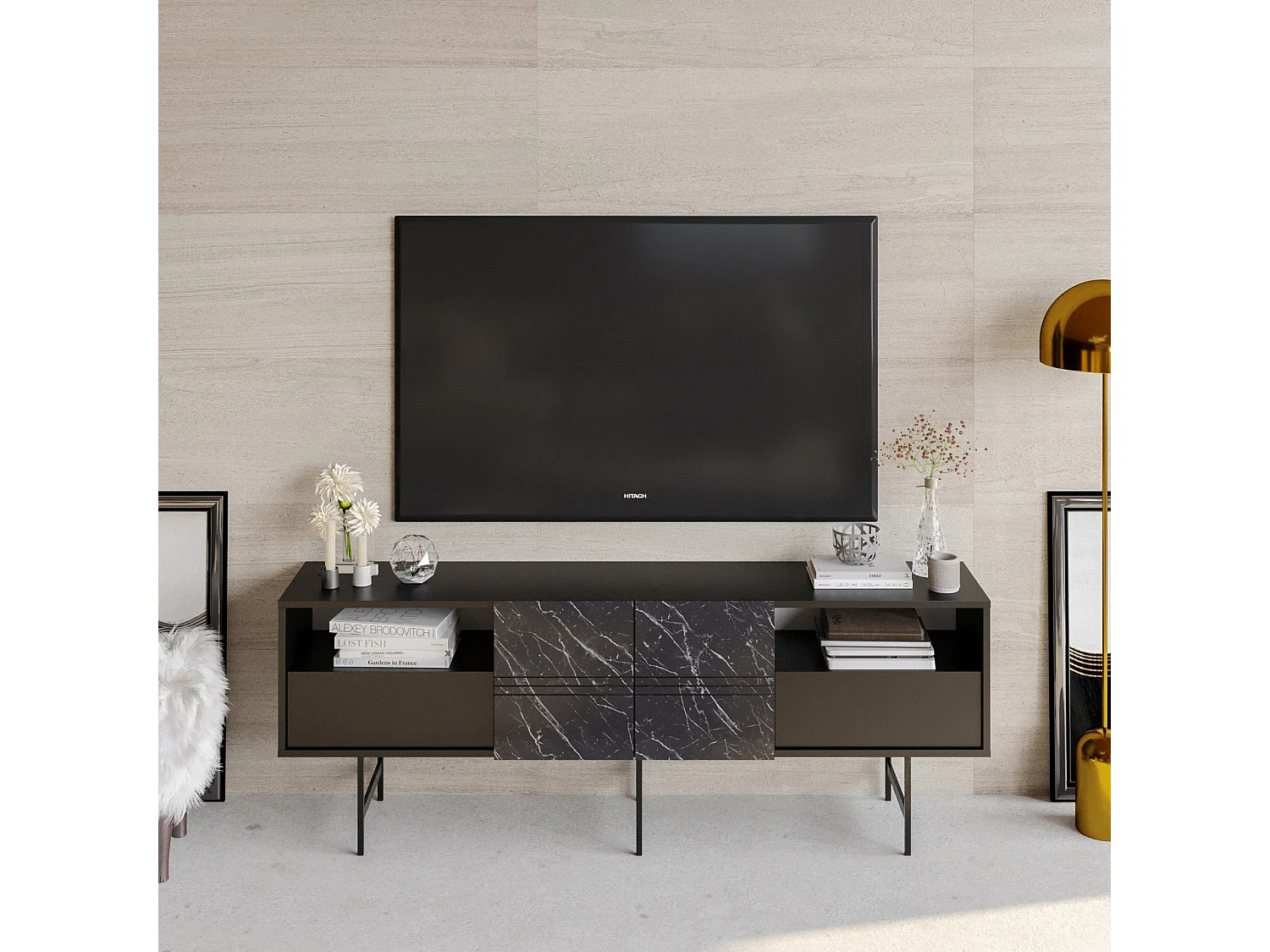 Mueble de TV moderno – 180 cm – Negro y mármol – Tablero de partículas revestido de melamina