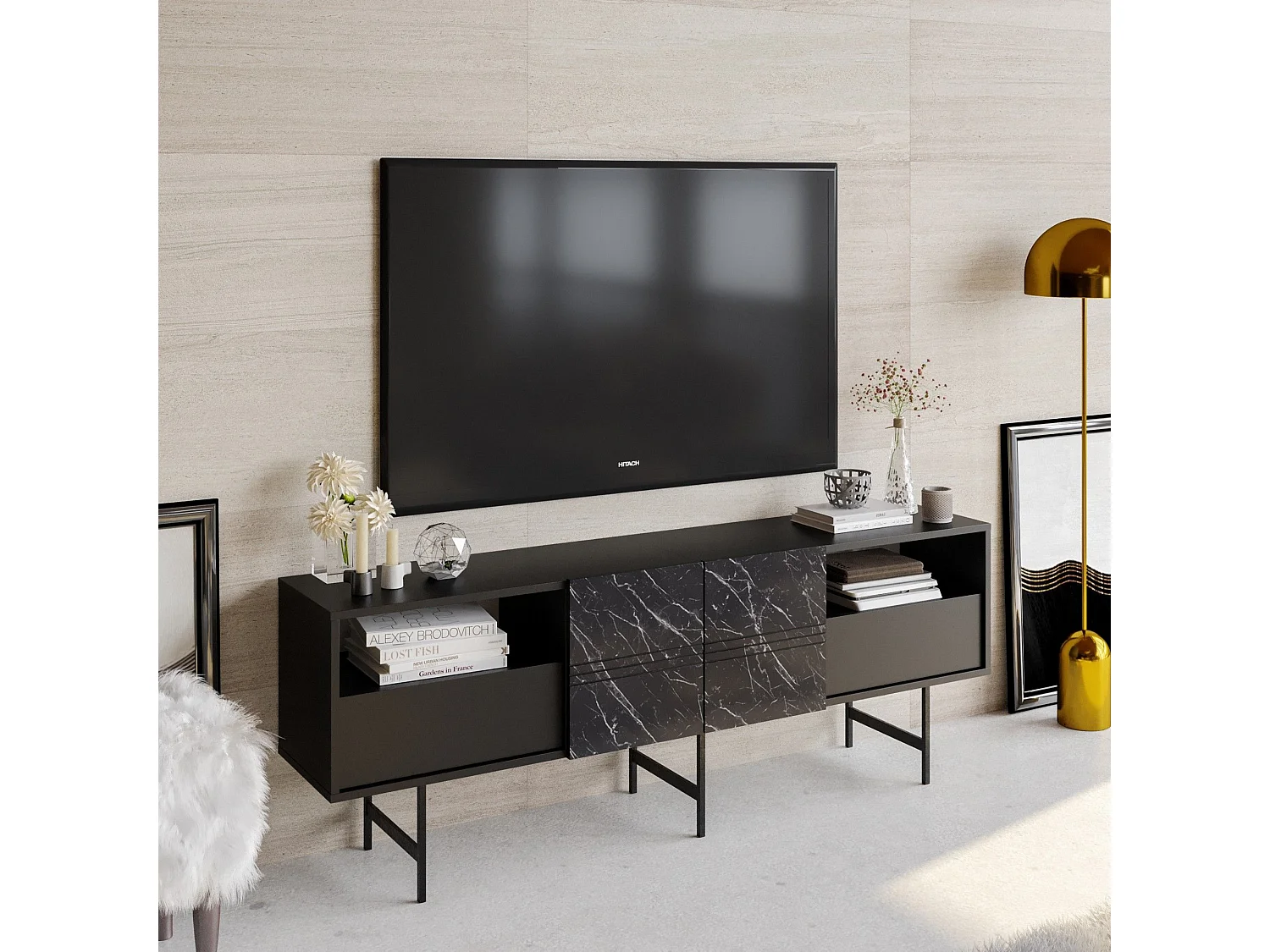 Mueble de TV moderno – 180 cm – Negro y mármol – Tablero de partículas revestido de melamina