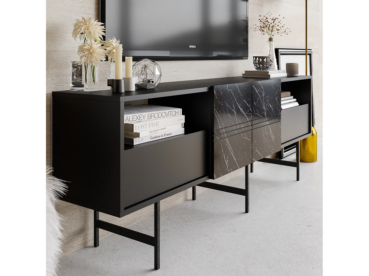 Moderner TV-Ständer – 180 cm – Schwarz und Marmor – Melaminbeschichtete Spanplatte