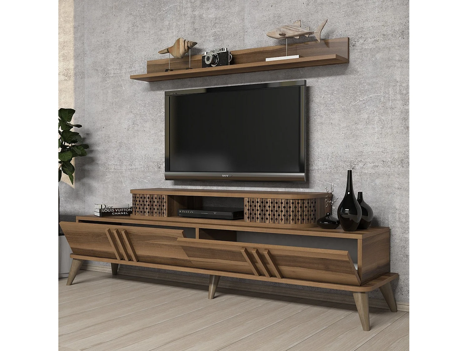 Mueble de TV moderno – 168 cm – nogal – melamina