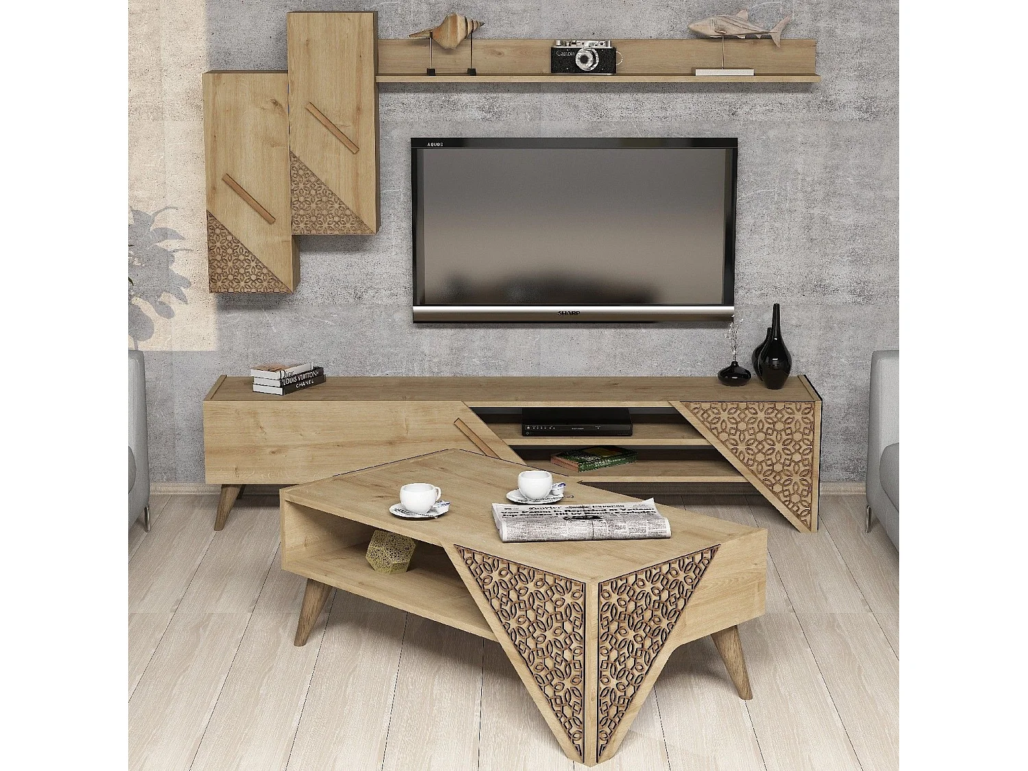 Conjunto de Mobiliário de Sala de Estar Beril em Carvalho Elegante