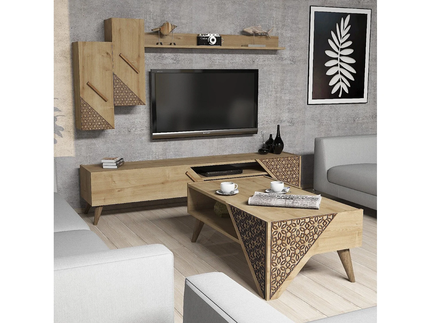 Conjunto de Mobiliário de Sala de Estar Beril em Carvalho Elegante