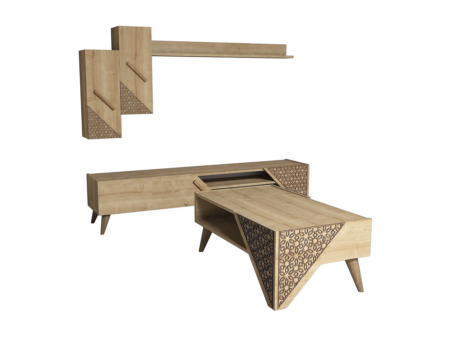 Ensemble meuble TV, étagère et table basse Forces Motif Arabesque Chêne clair