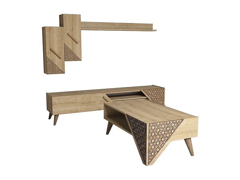 Ensemble meuble TV, étagère et table basse Forces Motif Arabesque Chêne clair