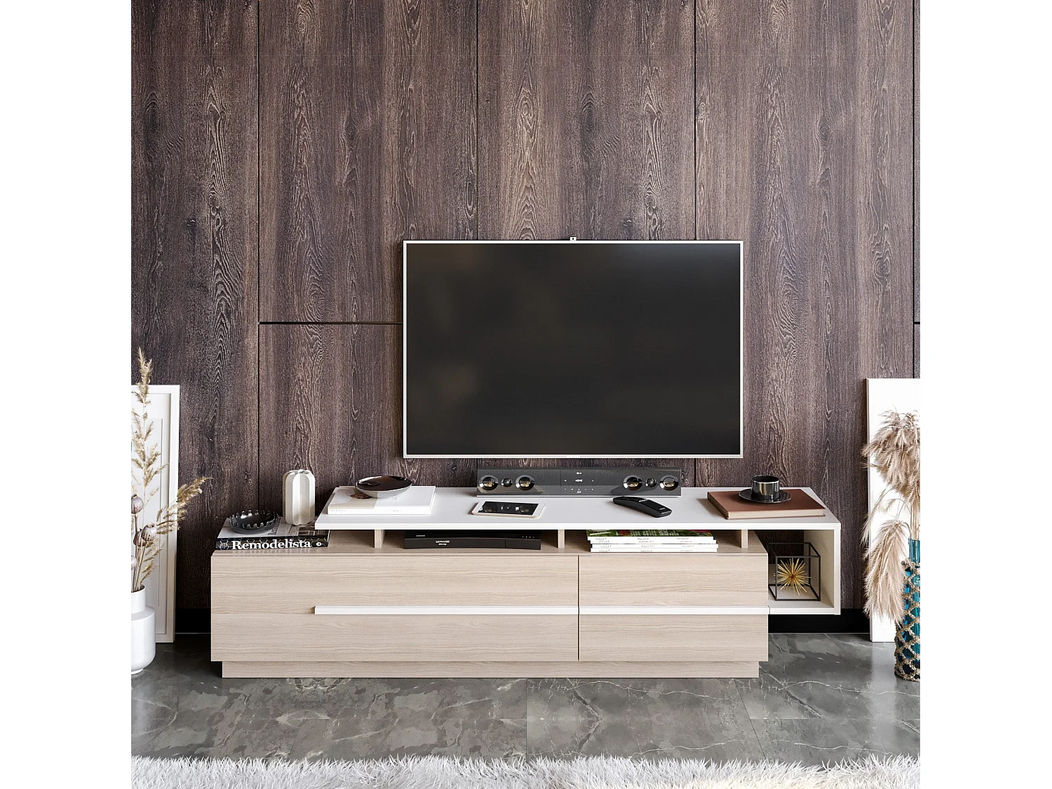 Meuble TV design bicolore 180cm Sissoko Chêne clair et Blanc