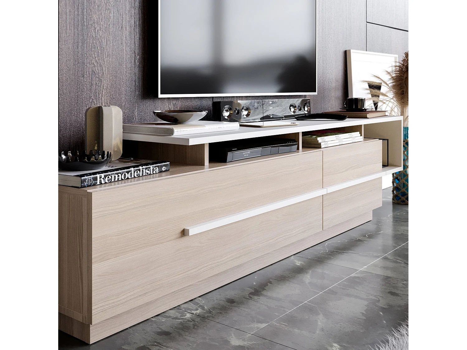 Meuble TV design bicolore 180cm Sissoko Chêne clair et Blanc