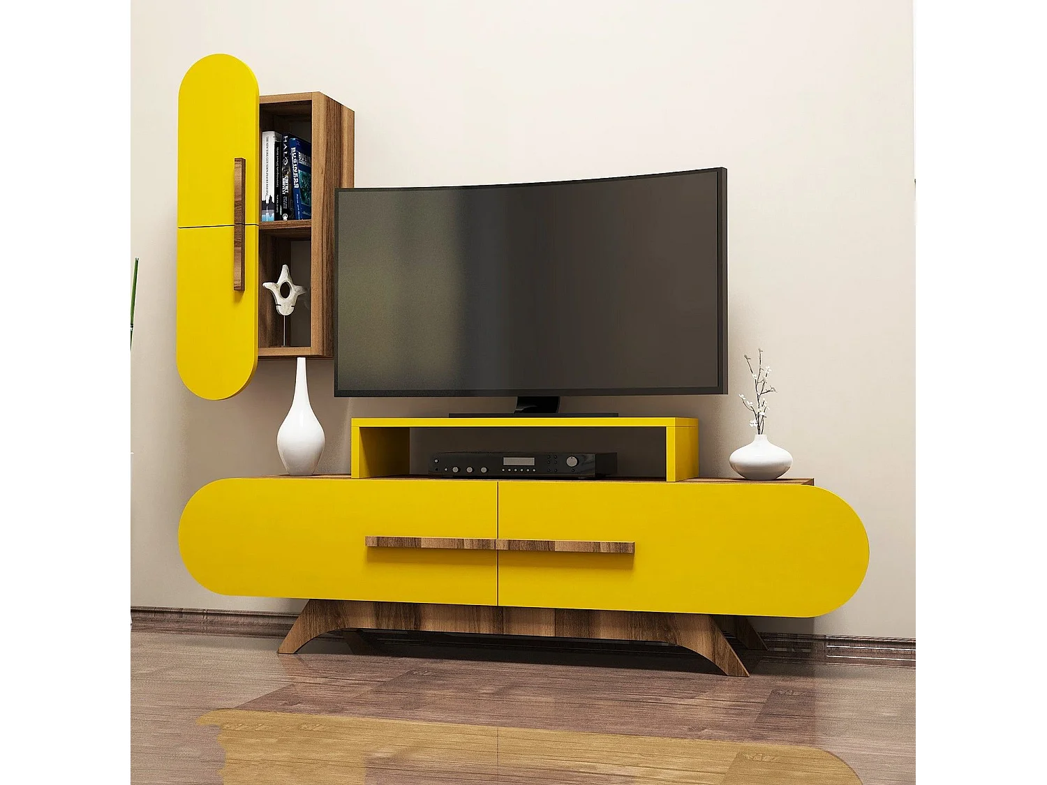 Mueble de TV - 145 cm - Nogal y Amarillo - Tablero de partículas recubierto de melamina