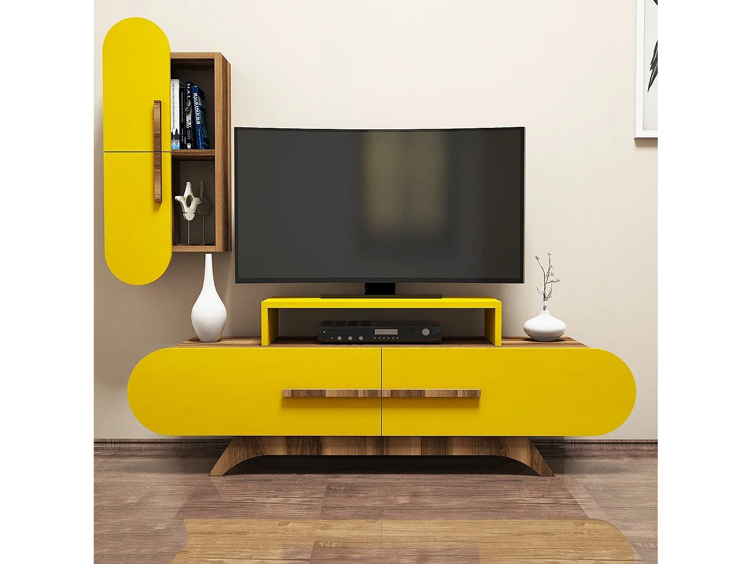 Meuble TV avec étagère murale Ellipsis Bois et Jaune