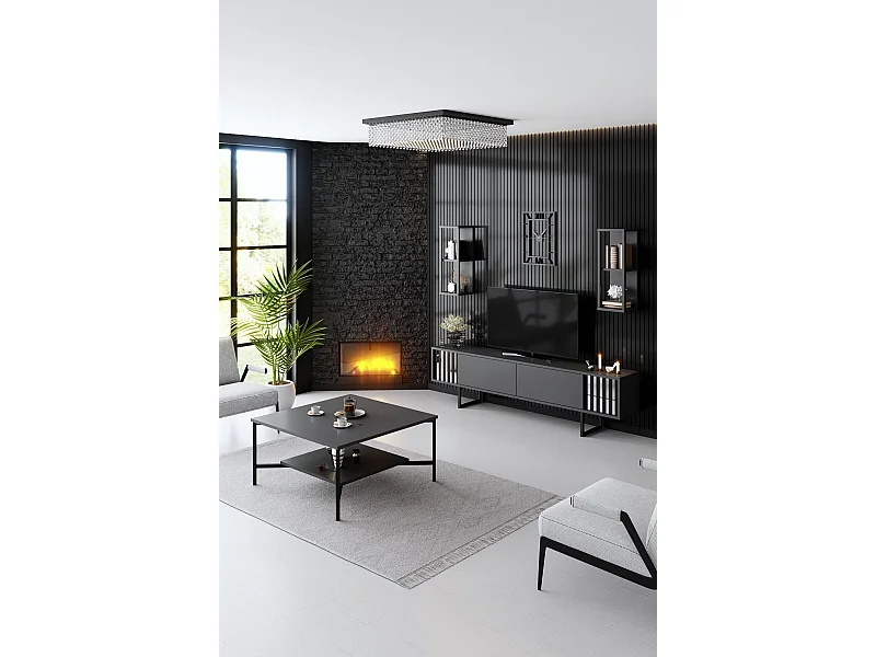 Ensemble meuble Tv, 2 étagères murales et table basse Aros Bois Anthracite et Métal Noir