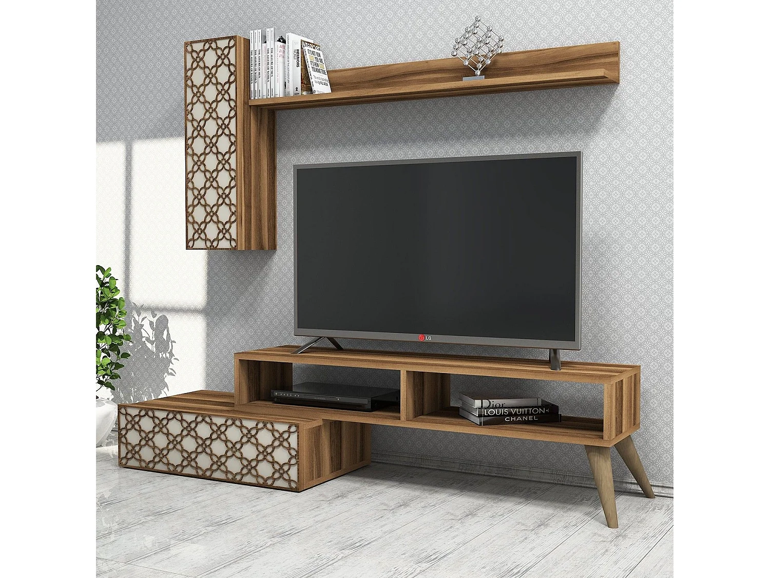Conjunto de salón Kailua 1561, Nuez|Crema, Partes separadas|Con mesa de TV, 150x37cm