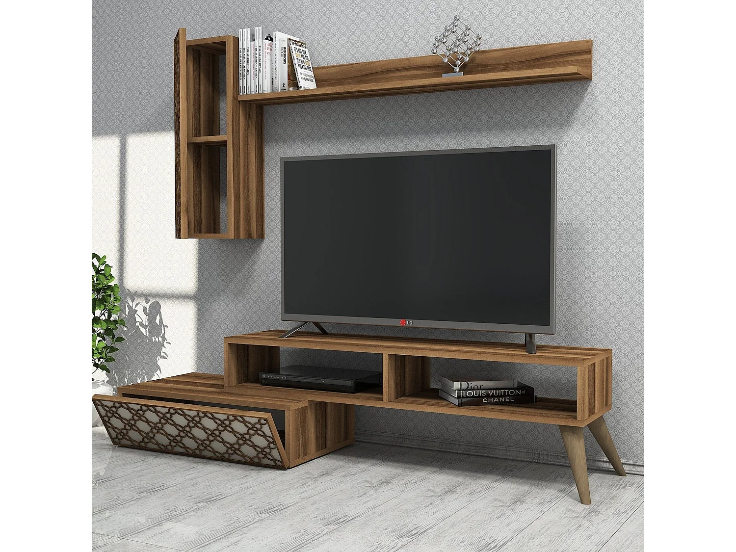 Conjunto de salón Kailua 1561, Nuez|Crema, Partes separadas|Con mesa de TV, 150x37cm